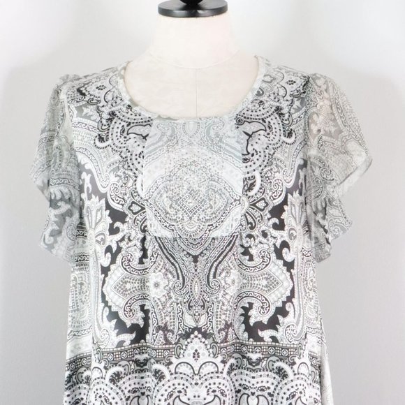 One World Womens M White Gray Ornate Rhinestone A-Line Silky Stretch Shift Dress - Picture 4 of 9